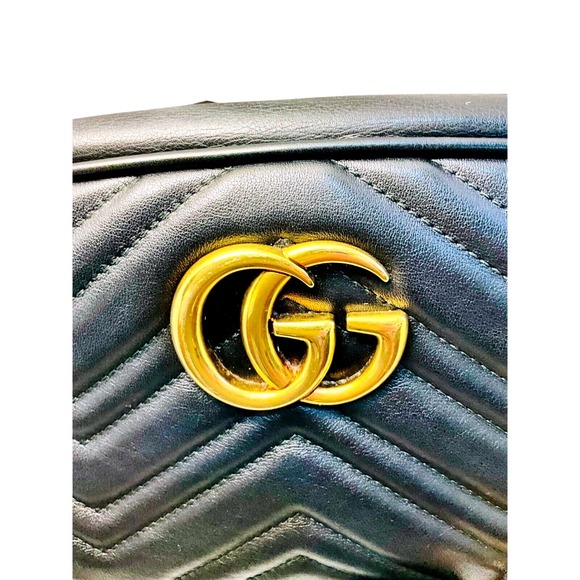 Gucci Small Marmont Crossbody Bag Chevron Leather Gold Chain Black Purse - Picture 2 of 16